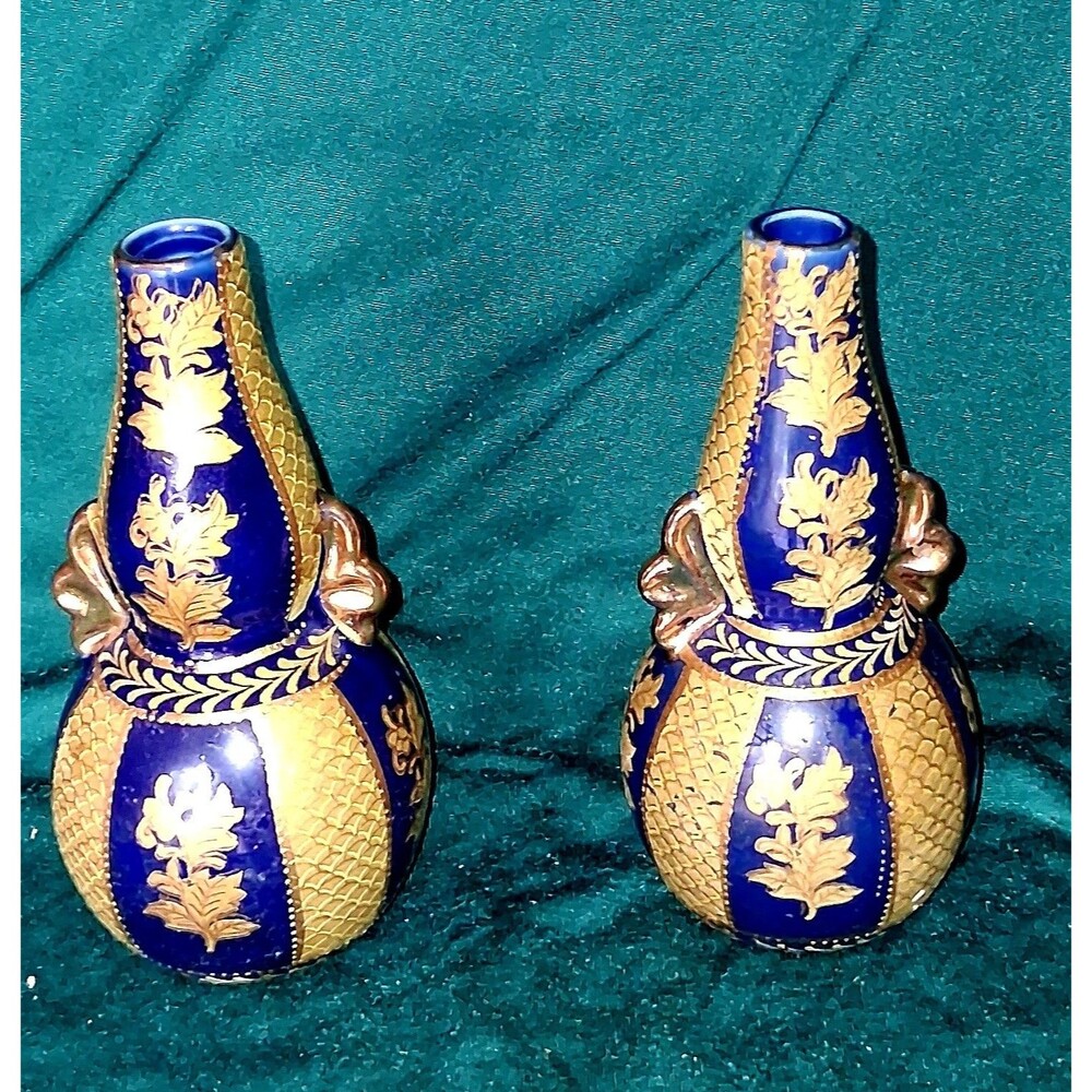 PAIR OF Vintage Satsuma Porcelein Bud Vase, 6", Cobalt Blue & Gold Handles,